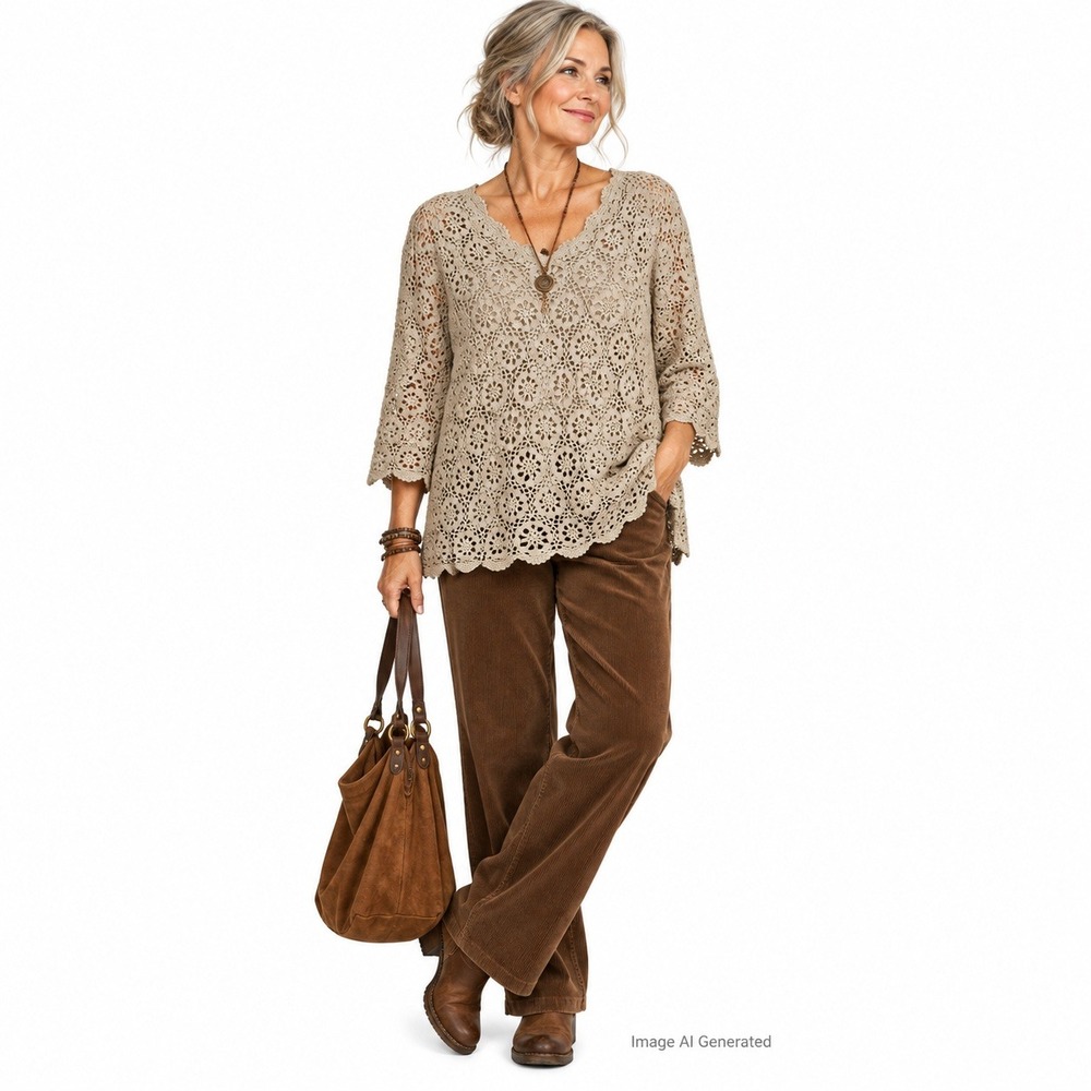 NWT Modern Soul Mushroom Floral Crochet Lace V-Neck Tunic Top 3/4 Sleeve Size 1X
